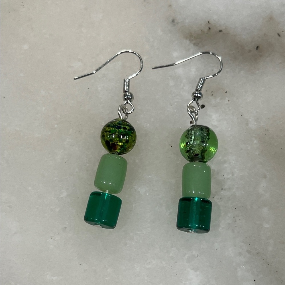Artisan Green and Silver Beaded Earrings